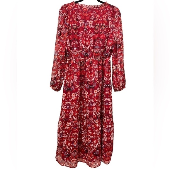 LOFT Red Floral Clip V-Neck Midi Dress - Picture 7 of 10